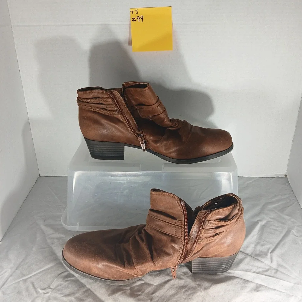 Norah Brown Ruched Ankle Boots Side Zip Braided‎ Detail Women's Size 9 Wide